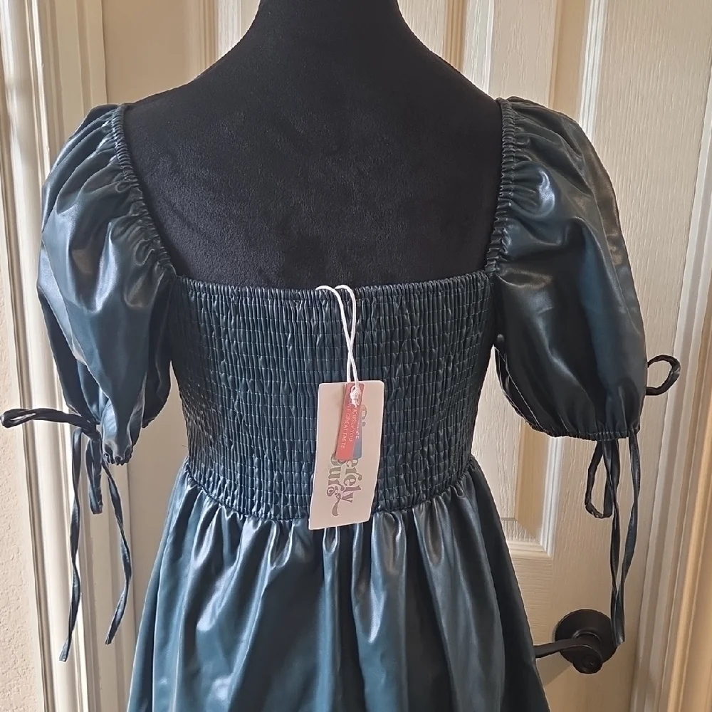 Chic Dark Green Faux Leather Puff Sleeve Mini Dress - Picture 13 of 16